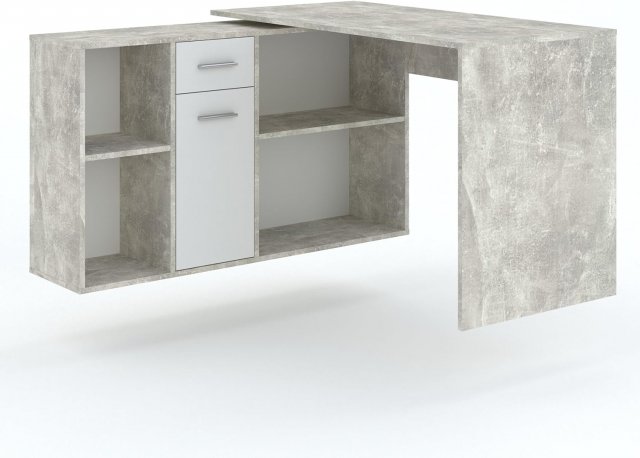 Diego-Eckschreibtisc mit Regal B 122 cm H 75 cm 6 Einlegeböden 1 Schublade 1 Tür Oberfläche matt Farbe Beton und Weiß