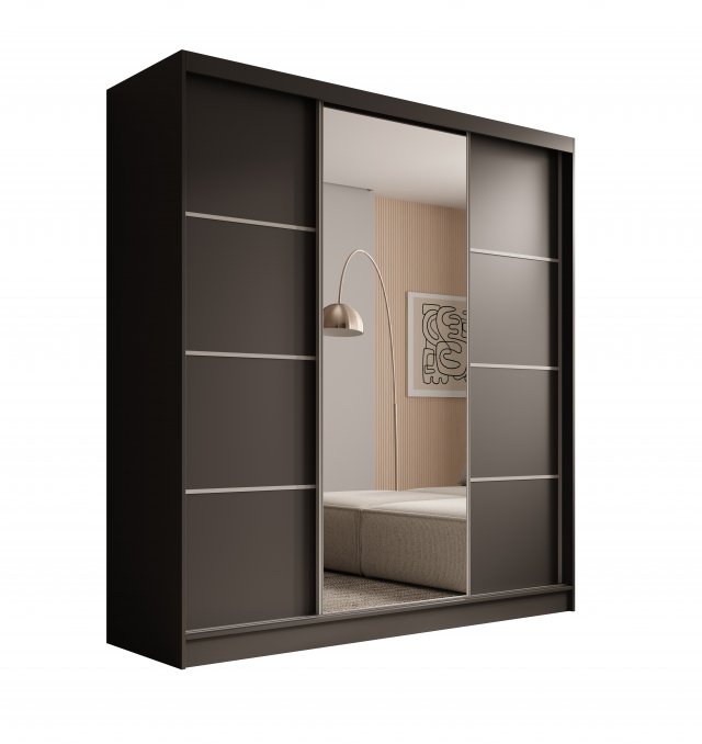 SW-KER-200 cm-BS Schwebetürenschrank mit Spiegel,Schwarz/Silber
