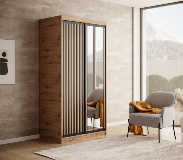 SW-DEL-AB 100 cm Sliding wardrobe with mirror,Artisan,Black matt