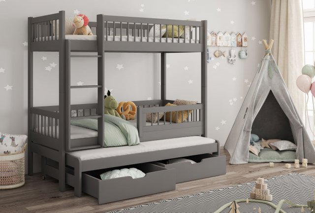 Evan 90x200 Etagenbett Ausziehbett für 3 Kinder mit Schubladen,Graphit Acryl