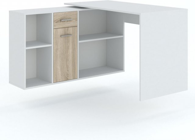 Diego-Eckschreibtisc mit Regal B 122 cm H 75 cm 6 Einlegeböden 1 Schublade 1 Tür Oberfläche matt Farbe Weiß und Sonoma