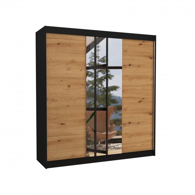 SW-SAN- BA 200 cm Sliding wardrobe with mirror,Black,Oak Artisan