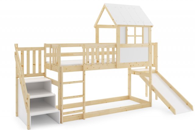 Loft-A Niska ze sch i zjezd Massivholz Hochbett mit Treppen und Rutsche für Kinder mit 1 Matratze 200x90,Kiefer