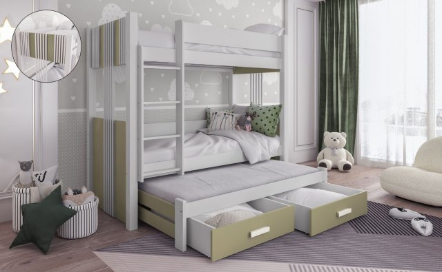 ARTEN III 90x200 Двухъярусная кровать с 3 матрасами и 2 ящиками Белый/Eucalyptus