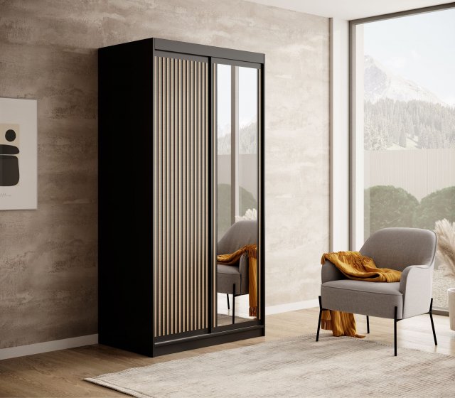 DEL-100-B 100 cm Schwebetürenschrank mit Spiegel,Schwarz matt,Eiche Artisan