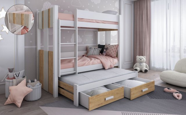 ARTEN III 80x180 Etagenbett Ausziehbett für 3 Kinder mit Schubladen,Weiß/Eiche shetland