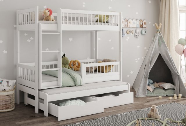 Evan 90x200 Etagenbett Ausziehbett für 3 Kinder mit Schubladen,Weiß Acryl