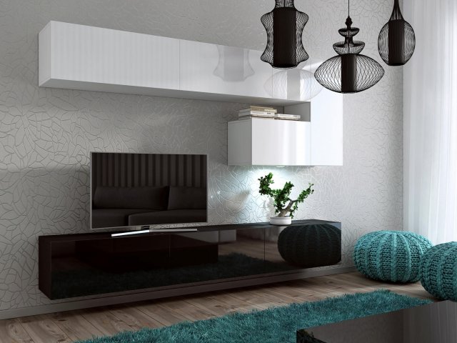Concept-15 Moderne Wohnwand,Weiß glänzend/Schwarz glänzend