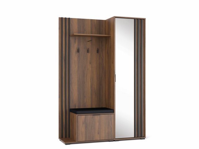 NELLY +P Garderobe mit Spiegel & Stauraum (Nuss/schwarze Lamelle)