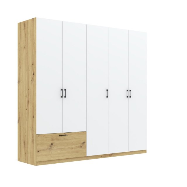 INTEAL SZF 5D1S Kleiderschrank mit 5 Türen und 1 Schublade,weiß matt/Eiche artisan