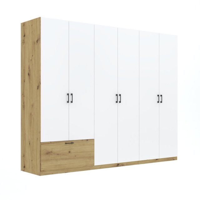 INTEAL SZF 6D1S Kleiderschrank mit 6 Türen und 1 Schublade,weiß matt/Eiche artisan