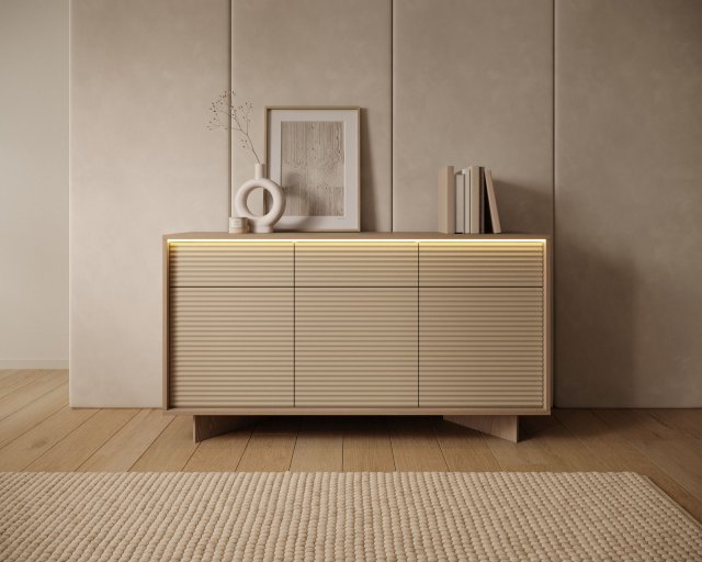 Style-Japandi C Sideboard mit 3 Schubladen 3 Türen,LED-Beleuchtung