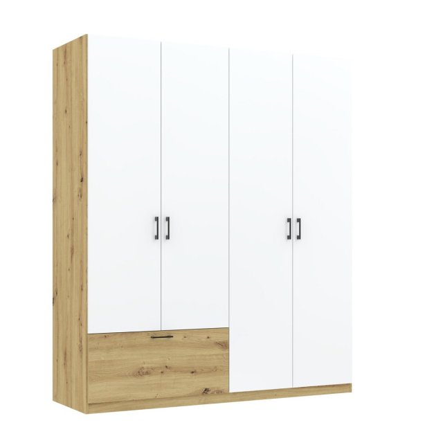 INTEAL SZF 4D1S Kleiderschrank mit 4 Türen und 1 Schublade,weiß matt/Eiche artisan