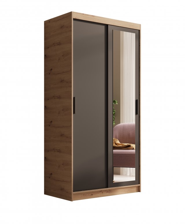 SW-HAI 100 cm AB Lükandustega riidekapid peegliga,Artisan/Must matt