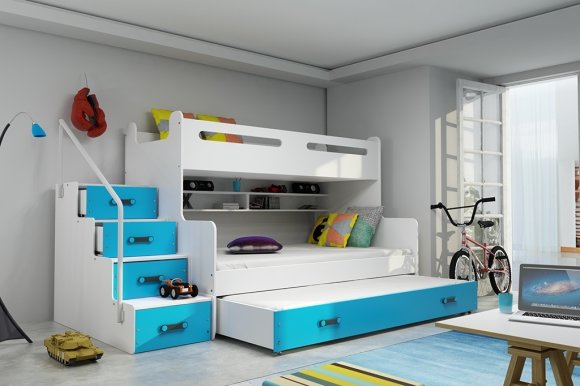 Etagenbett für drei Personen Max 3,120x200,mit Matratze und Schublade,blau