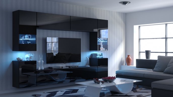 Concept-27 Moderne Wohnwand,Schwarz matt/Schwarz glänzend,27/HG/B/1