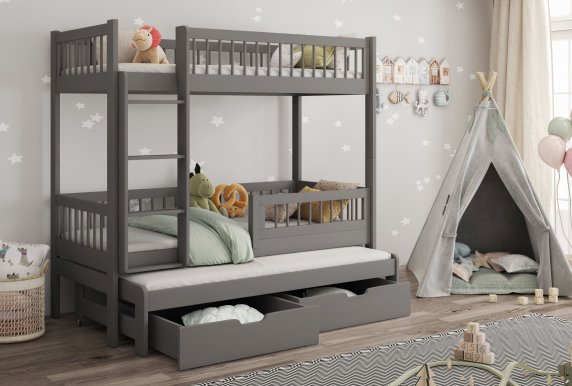 Evan 90x200 Etagenbett Ausziehbett für 3 Kinder mit Schubladen,Graphit Acryl