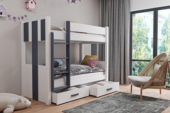 ARTEN II 90x200 Etagenbett für 2 Kinder mit Schubladen,Weiß/Graphit Acryl