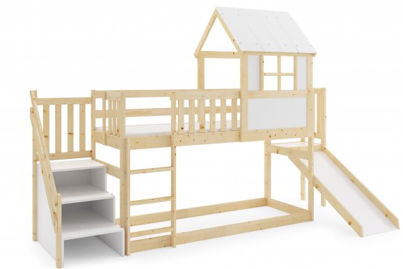 Loft-A Niska ze sch i zjezd Massivholz Hochbett mit Treppen und Rutsche für Kinder mit 1 Matratze 200x90,Kiefer