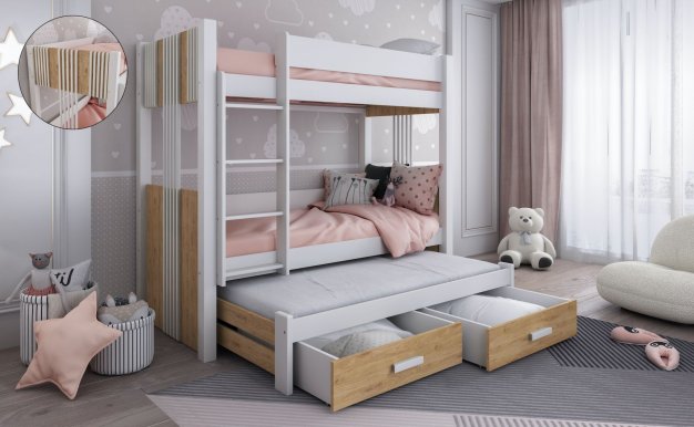 ARTEN III 90x200 Etagenbett Ausziehbett für 3 Kinder mit Schubladen,Weiß/Eiche shetland