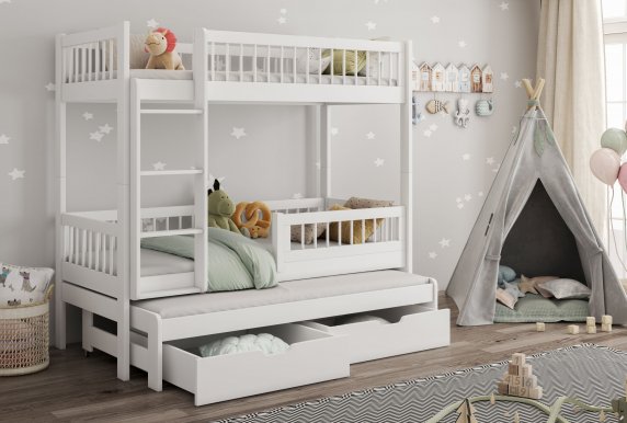 Evan 90x200 Etagenbett Ausziehbett für 3 Kinder mit Schubladen,Weiß Acryl