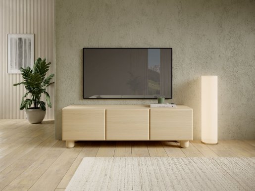 Style-Japandi G TV lowboard with 3 drop-down doors and rounded fronts