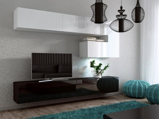 Concept-15 Moderne Wohnwand,Weiß glänzend/Schwarz glänzend