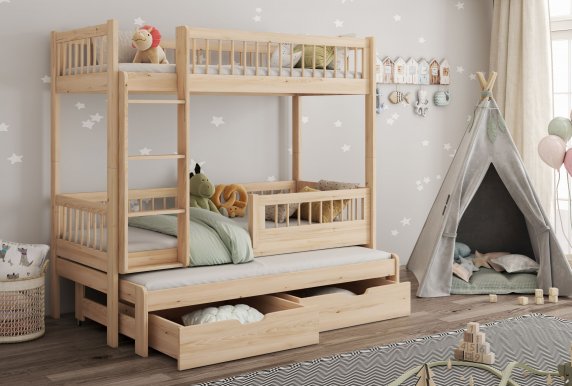 Evan 80x180 Etagenbett Ausziehbett für 3 Kinder mit Schubladen,Kiefer