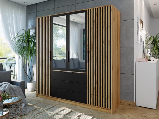 Bali/ Lux D4 Wardrobe with mirror (black/oak wotan)