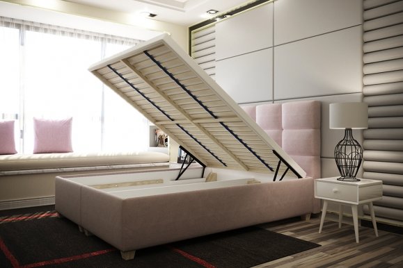 ITALIA 140x200 Двуспальная кровать с ящиком для белья (розовая ткань Kronos 27)