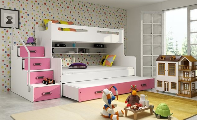 Etagenbett für drei Personen Max 3,120x200,mit Matratze und Schublade,rosa